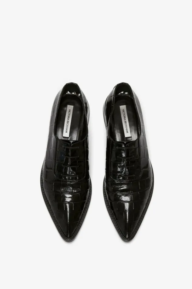 Women Flats Victoria Beckham Pointy Toe Flat Lace Up In Black CrocEffect Leather