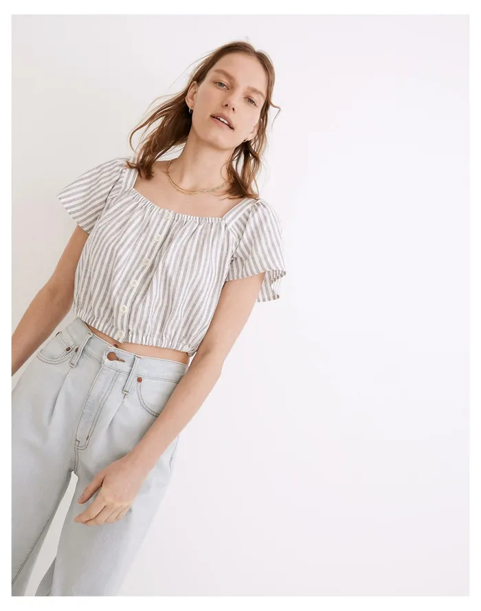 Women Flutter Sleeve Button Front Crop Top In Stripe Hemp Vertical Stripe Plain Madewell Tops and Shirts Women Flutter Sleeve Button Front Crop Top In Stripe Hemp Vertical Stripe Plain Madewell Tops and Shirts