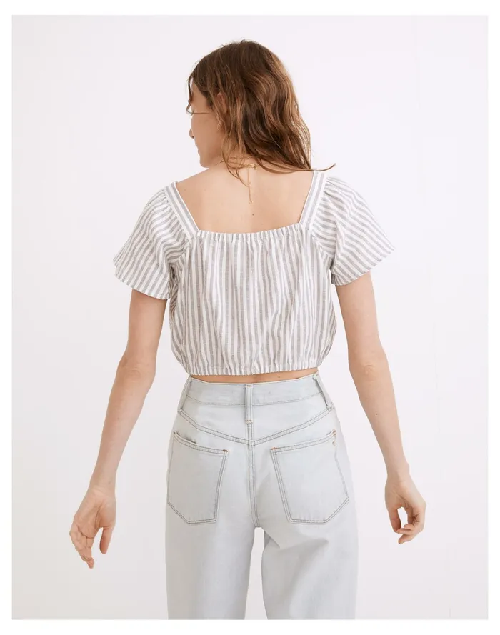 Women Flutter Sleeve Button Front Crop Top In Stripe Hemp Vertical Stripe Plain Madewell Tops and Shirts Women Flutter Sleeve Button Front Crop Top In Stripe Hemp Vertical Stripe Plain Madewell Tops and Shirts