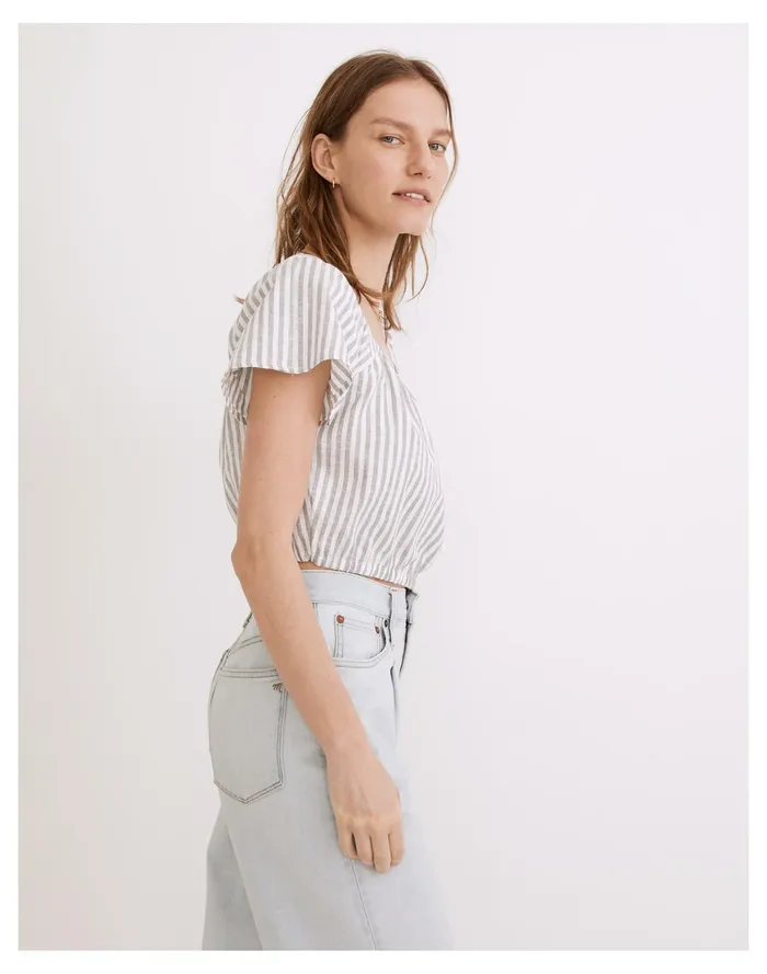 Women Flutter Sleeve Button Front Crop Top In Stripe Hemp Vertical Stripe Plain Madewell Tops and Shirts Women Flutter Sleeve Button Front Crop Top In Stripe Hemp Vertical Stripe Plain Madewell Tops and Shirts