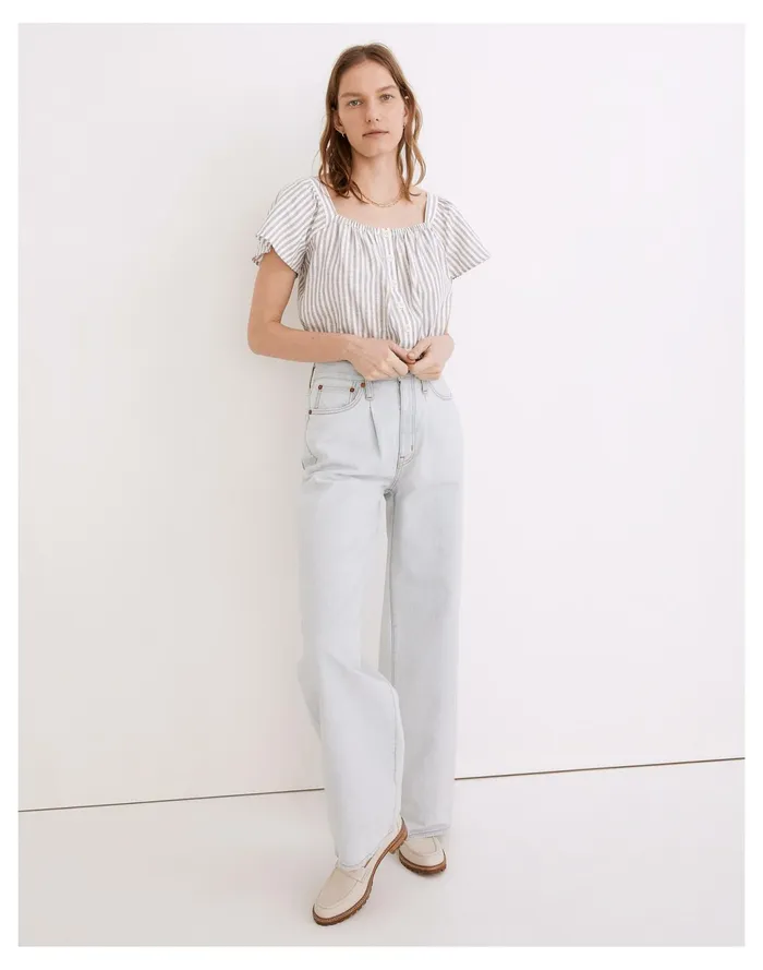 Women Flutter Sleeve Button Front Crop Top In Stripe Hemp Vertical Stripe Plain Madewell Tops and Shirts Women Flutter Sleeve Button Front Crop Top In Stripe Hemp Vertical Stripe Plain Madewell Tops and Shirts
