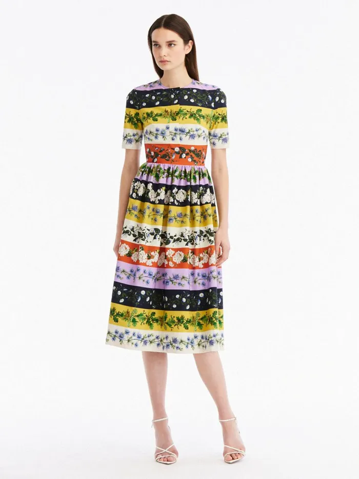 Women For The Bride Oscar De La Renta Botanical Stripe Cotton Poplin Dress Ginger Multi