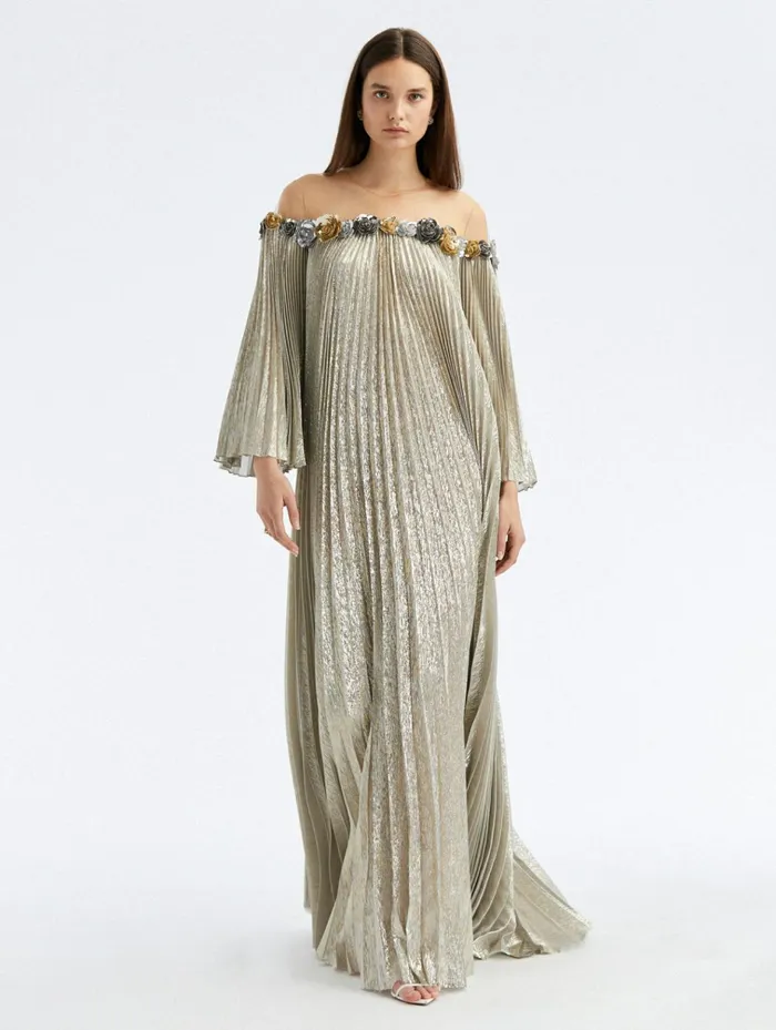 Women For The Bride Oscar De La Renta Illusion Rosette Lam Mousseline Caftan Silver