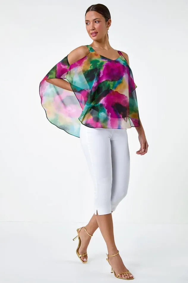 Women Forest Abstract Print Cold Shoulder Overlay Top Roman Tops