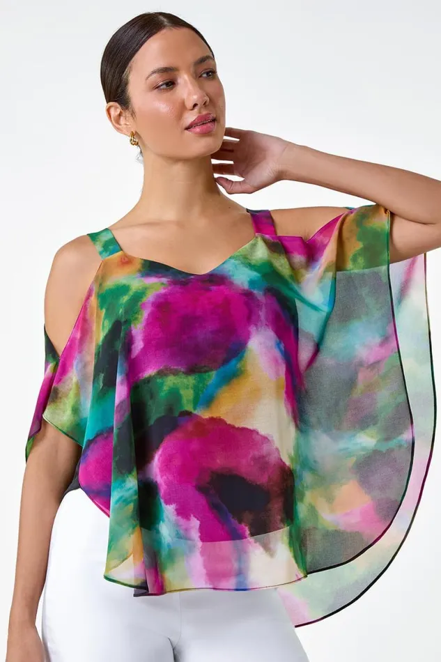 Women Forest Abstract Print Cold Shoulder Overlay Top Roman Tops
