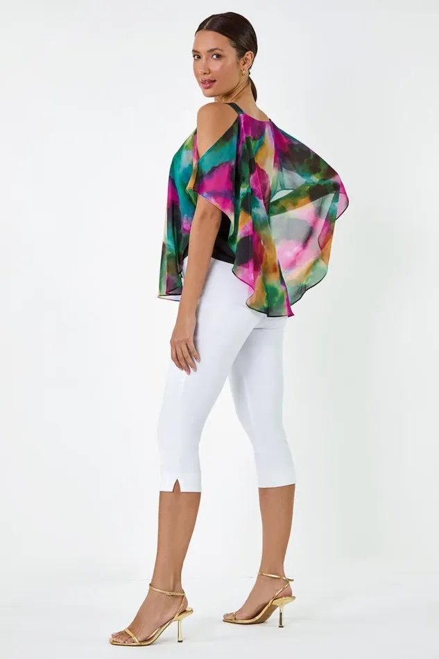 Women Forest Abstract Print Cold Shoulder Overlay Top Roman Tops