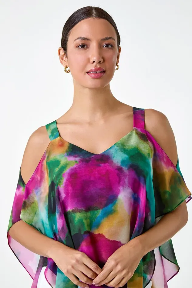 Women Forest Abstract Print Cold Shoulder Overlay Top Roman Tops