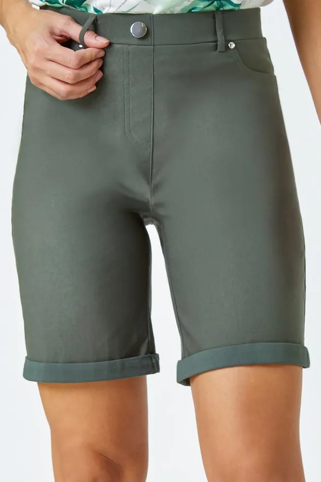 Women Forest Elastic Waist Turn Up Stretch Shorts Roman Trousers