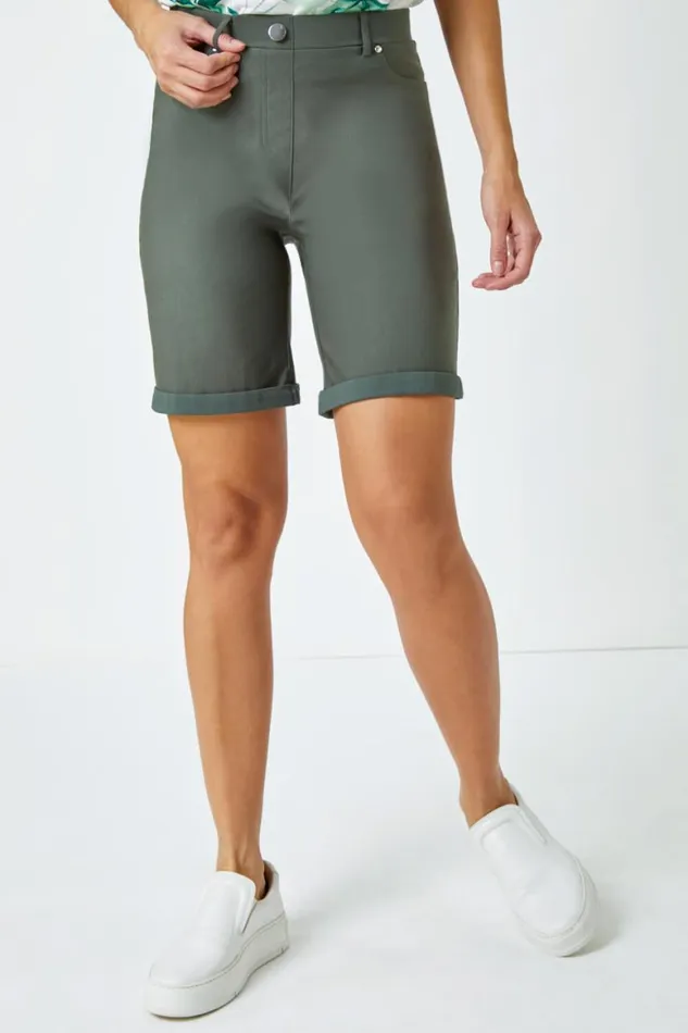 Women Forest Elastic Waist Turn Up Stretch Shorts Roman Trousers