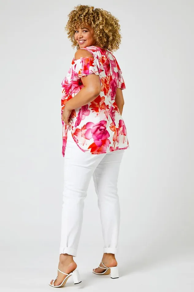Women Fuchsia Curve Floral Print Cold Shoulder Tunic Top Roman Tops