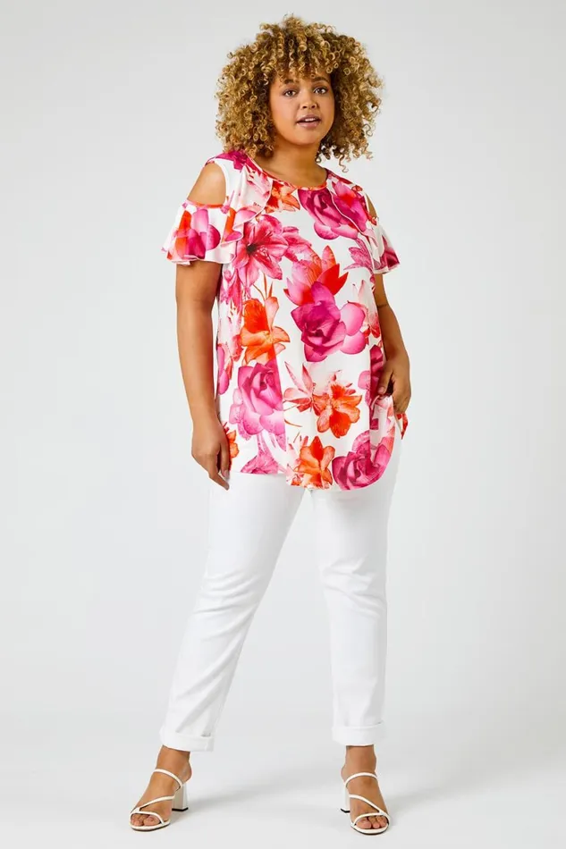 Women Fuchsia Curve Floral Print Cold Shoulder Tunic Top Roman Tops