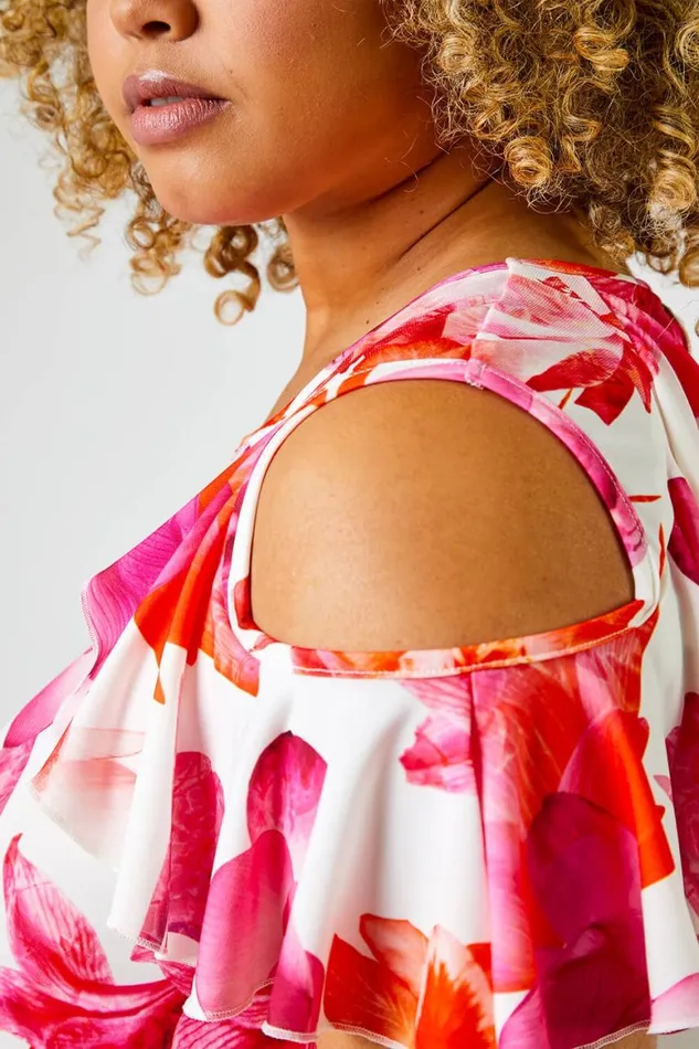 Women Fuchsia Curve Floral Print Cold Shoulder Tunic Top Roman Tops