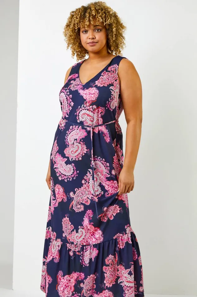 Women Fuchsia Curve Paisley Print Maxi Dress Roman Dresses