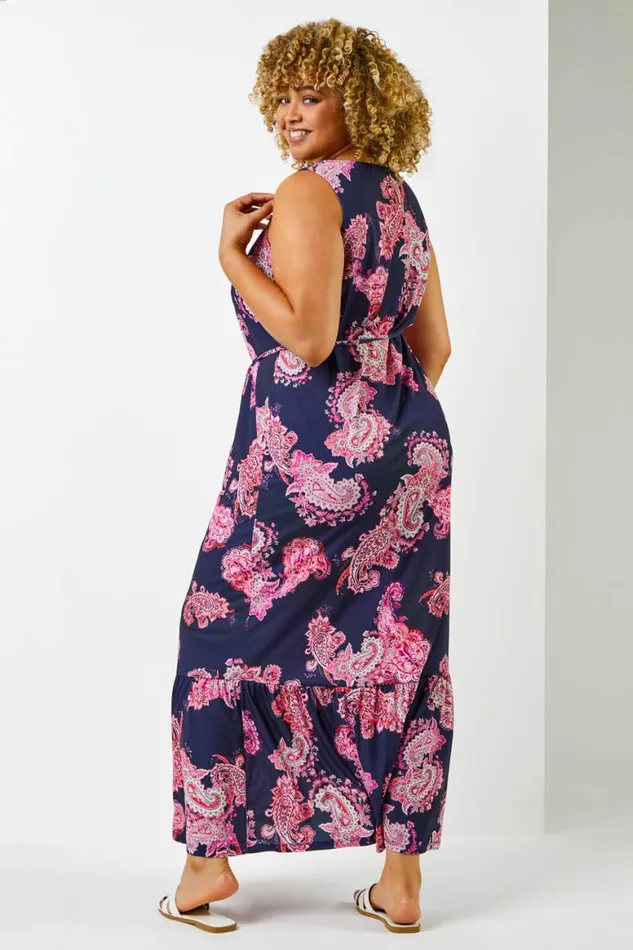 Women Fuchsia Curve Paisley Print Maxi Dress Roman Dresses