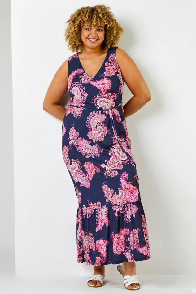 Women Fuchsia Curve Paisley Print Maxi Dress Roman Dresses