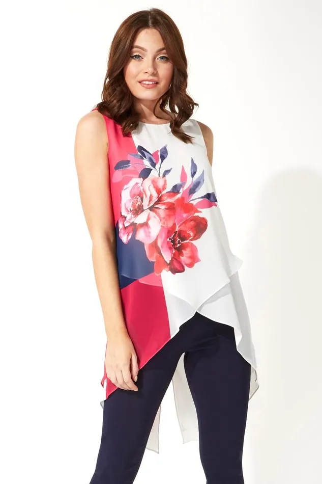 Women Fuchsia Floral Print Asymmetric Chiffon Vest Top Roman Tops