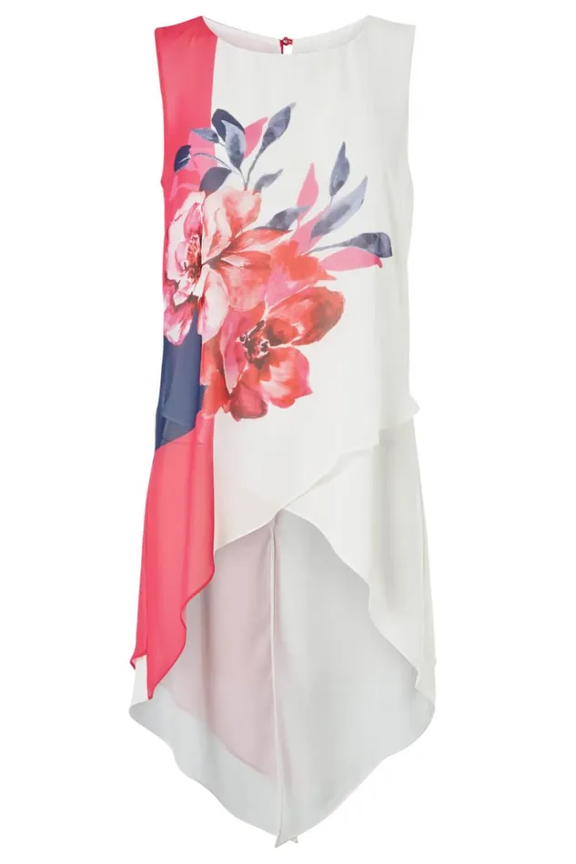 Women Fuchsia Floral Print Asymmetric Chiffon Vest Top Roman Tops