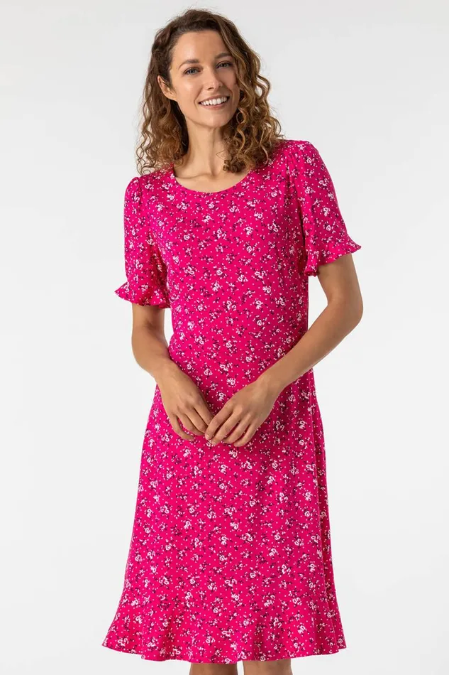 Women Fuchsia Floral Print Fluted Hem Shift Dress Roman Dresses