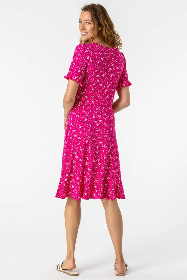 Women Fuchsia Floral Print Fluted Hem Shift Dress Roman Dresses