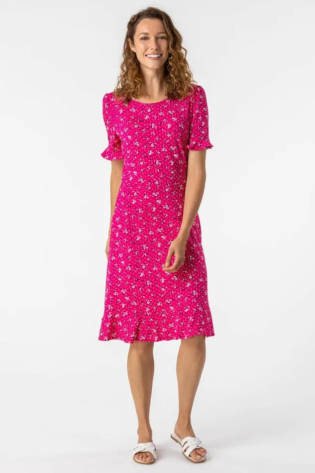 Women Fuchsia Floral Print Fluted Hem Shift Dress Roman Dresses