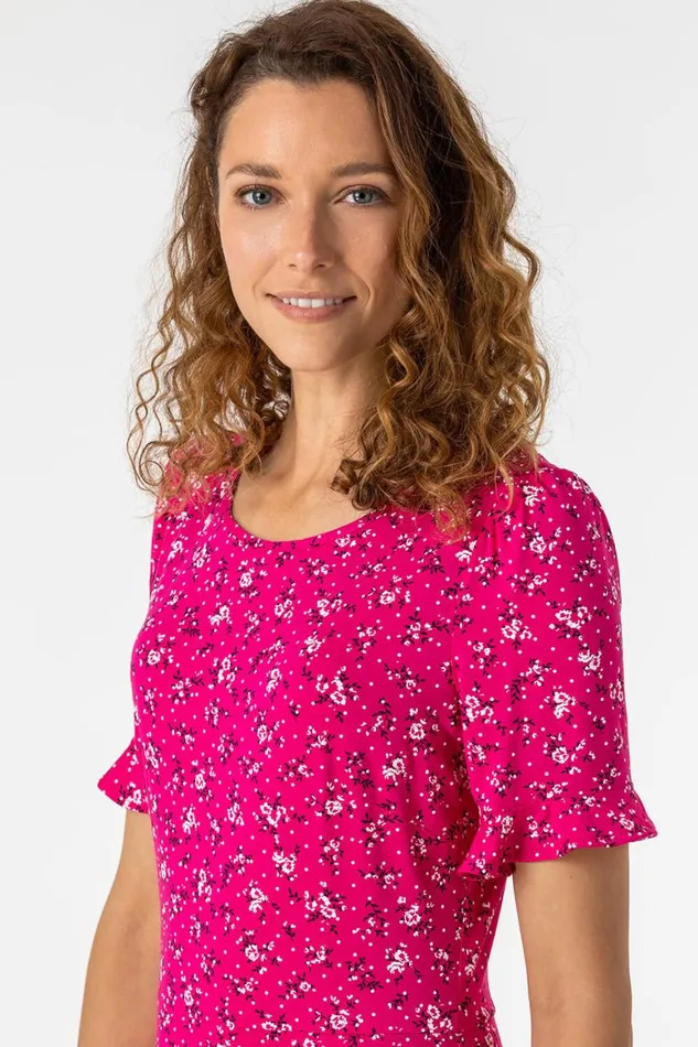 Women Fuchsia Floral Print Fluted Hem Shift Dress Roman Dresses
