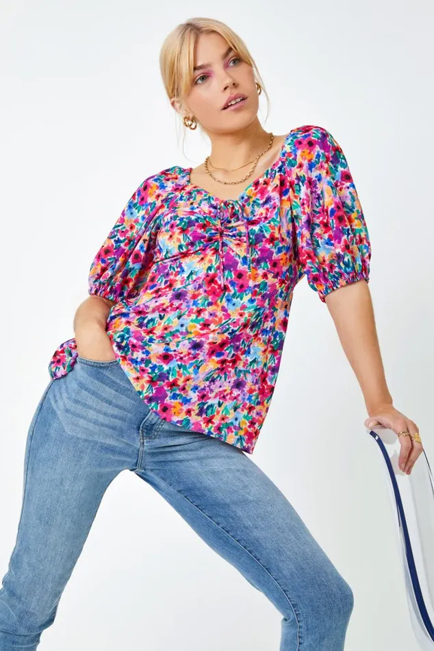 Women Fuchsia Floral Print Ruched Tie Detail Top Roman Tops