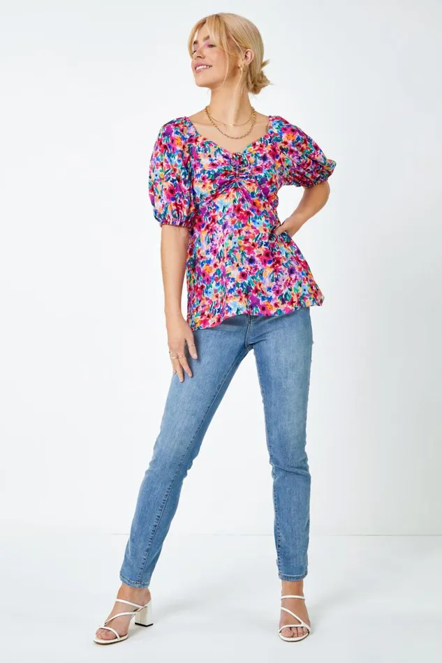 Women Fuchsia Floral Print Ruched Tie Detail Top Roman Tops