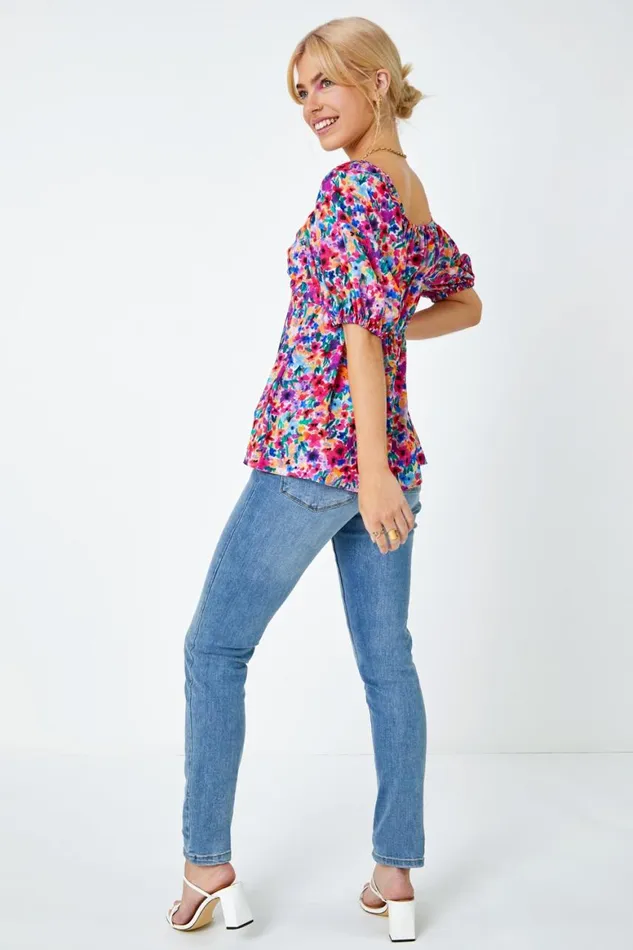 Women Fuchsia Floral Print Ruched Tie Detail Top Roman Tops