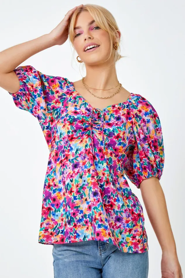 Women Fuchsia Floral Print Ruched Tie Detail Top Roman Tops