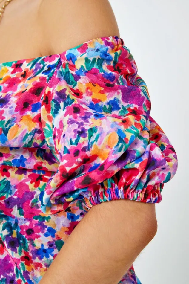 Women Fuchsia Floral Print Ruched Tie Detail Top Roman Tops