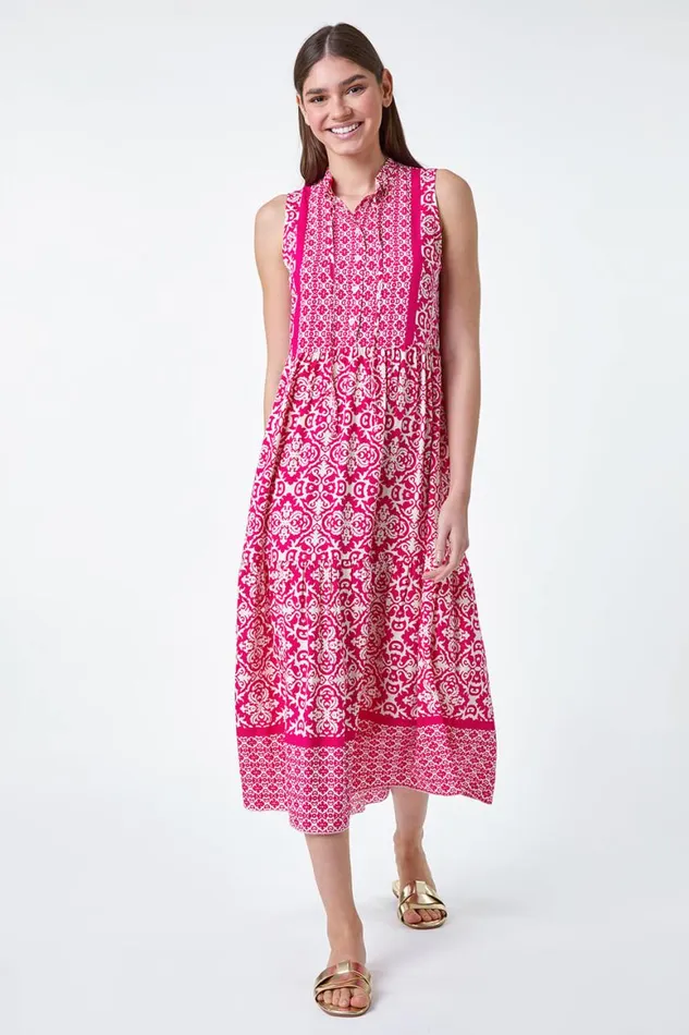 Women Fuchsia Geometric Border Print Midi Dress Roman Dresses