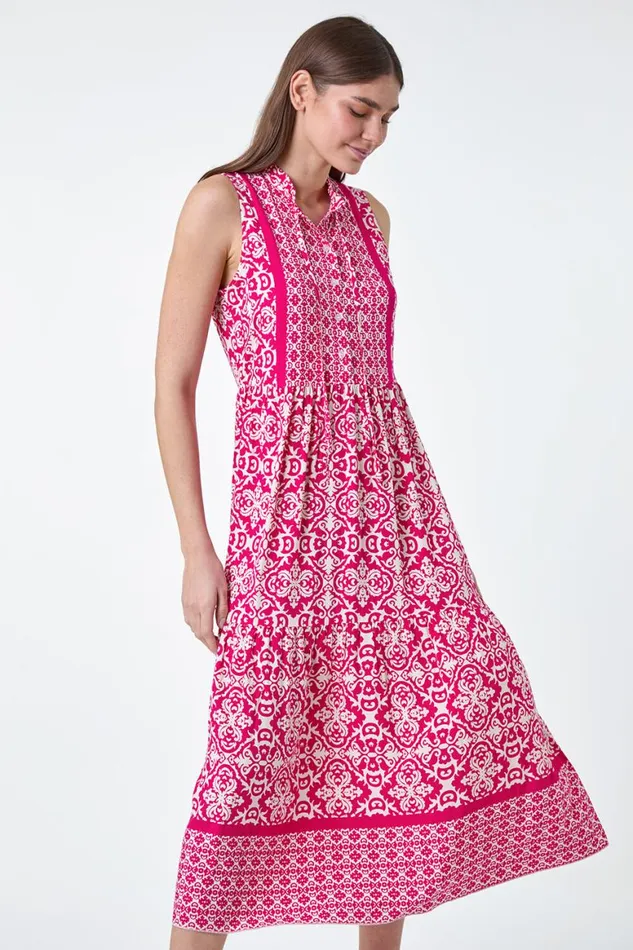 Women Fuchsia Geometric Border Print Midi Dress Roman Dresses