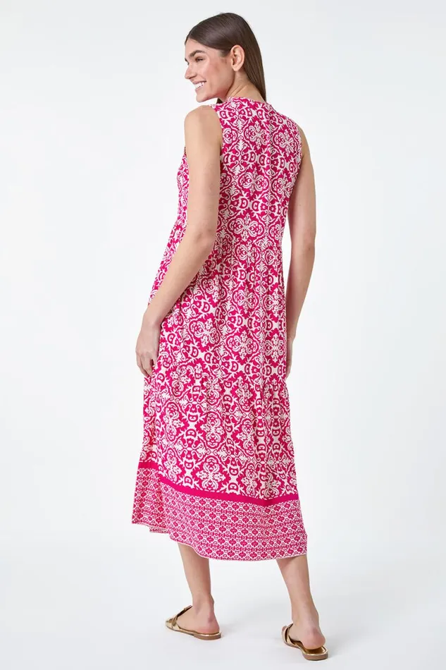 Women Fuchsia Geometric Border Print Midi Dress Roman Dresses