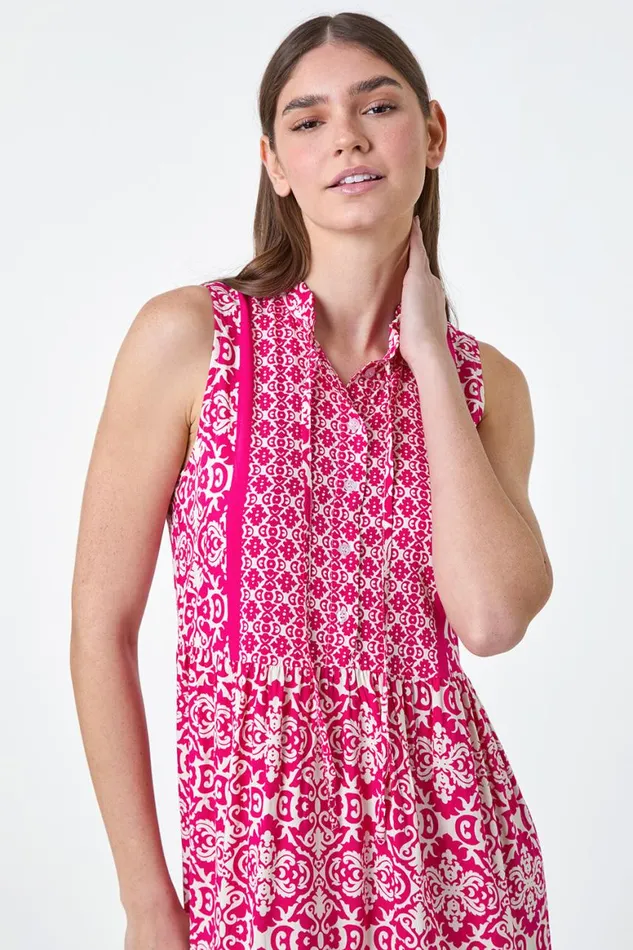 Women Fuchsia Geometric Border Print Midi Dress Roman Dresses