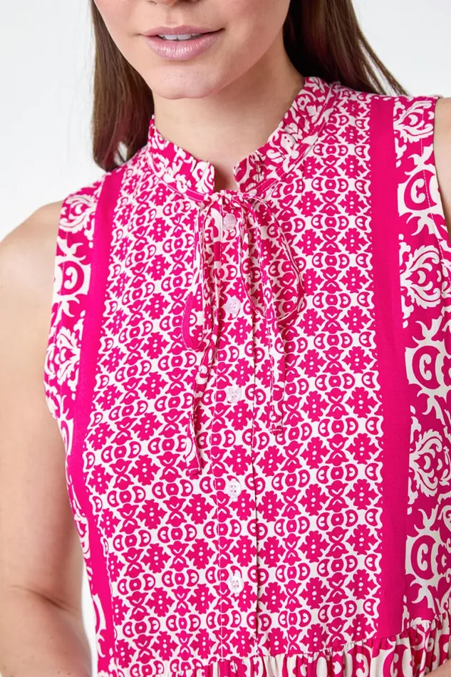 Women Fuchsia Geometric Border Print Midi Dress Roman Dresses