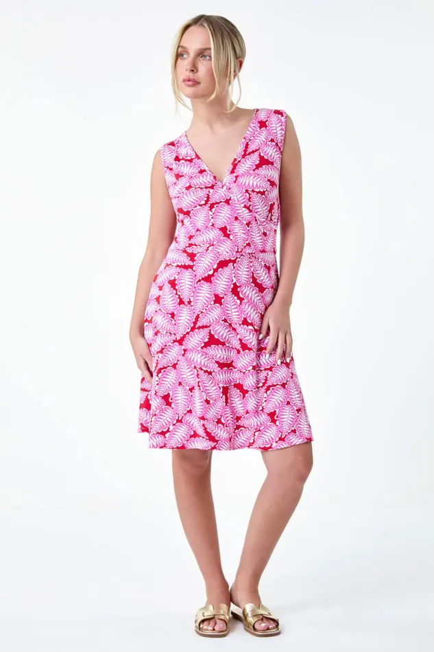 Women Fuchsia Petite Leaf Print Stretch Wrap Dress Roman Dresses