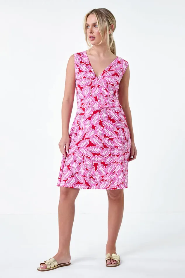 Women Fuchsia Petite Leaf Print Stretch Wrap Dress Roman Dresses