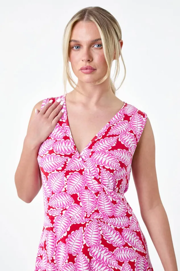 Women Fuchsia Petite Leaf Print Stretch Wrap Dress Roman Dresses
