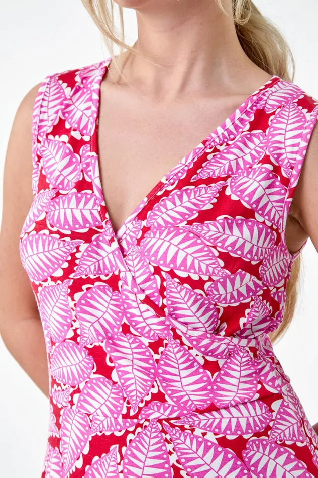 Women Fuchsia Petite Leaf Print Stretch Wrap Dress Roman Dresses