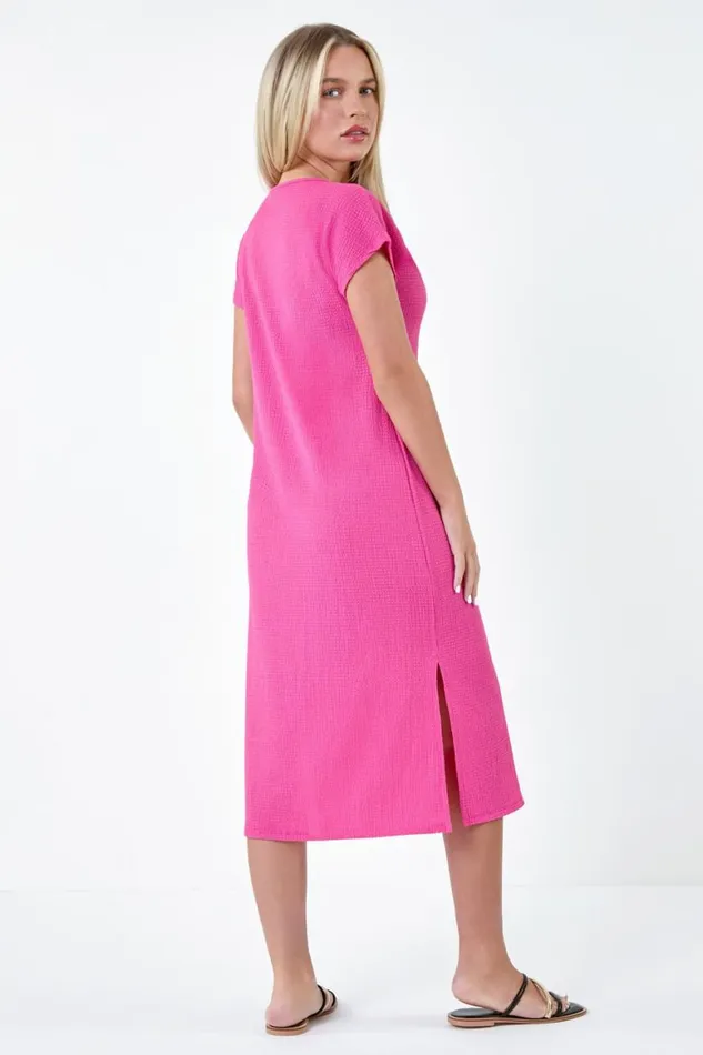 Women Fuchsia Petite Textured TShirt Stretch Midi Dress Roman Dresses