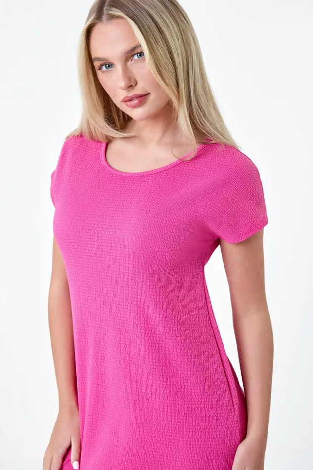 Women Fuchsia Petite Textured TShirt Stretch Midi Dress Roman Dresses