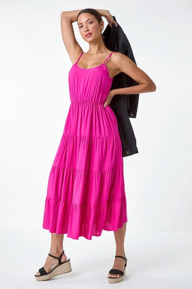 Women Fuchsia Plain Tiered Midi Dress Roman Dresses