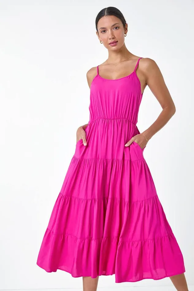 Women Fuchsia Plain Tiered Midi Dress Roman Dresses