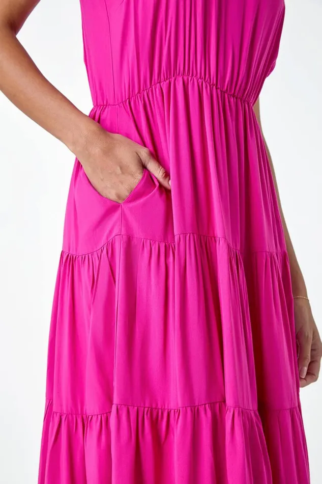 Women Fuchsia Plain Tiered Midi Dress Roman Dresses