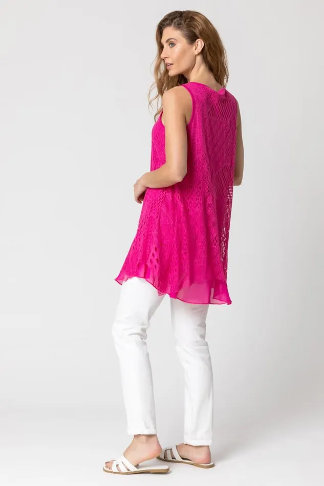 Women Fuchsia Stretch Lace Hanky Hem Vest Top Roman Tops