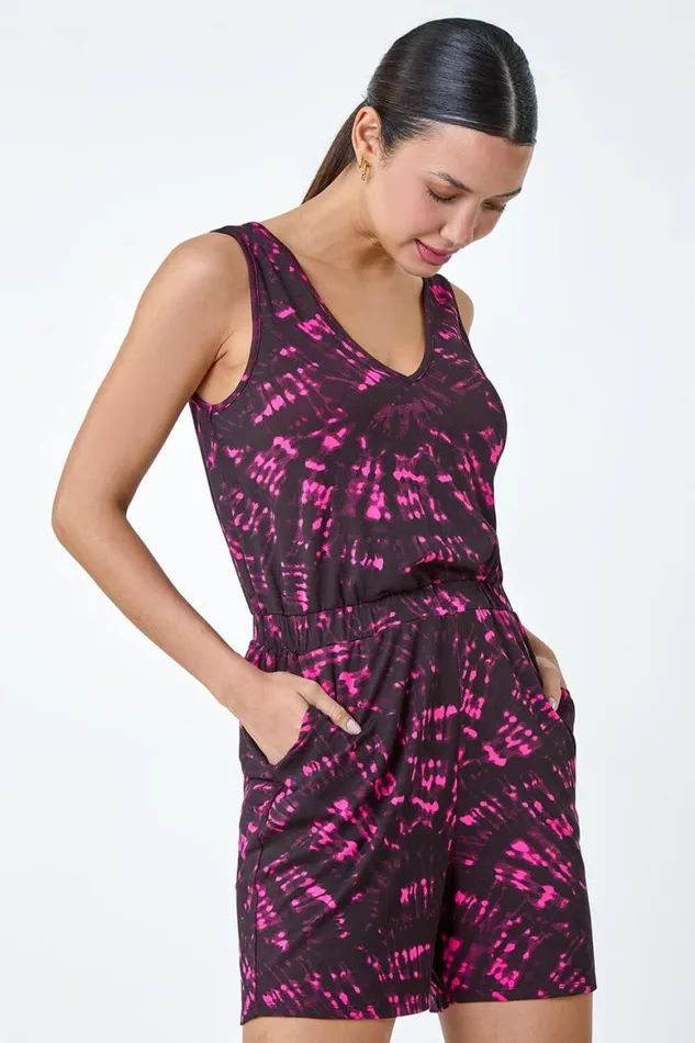 Women Fuchsia Tie Dye Print Stretch Pocket Playsuit Roman Dresses
