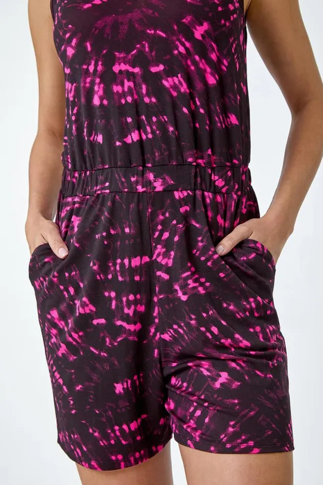 Women Fuchsia Tie Dye Print Stretch Pocket Playsuit Roman Dresses