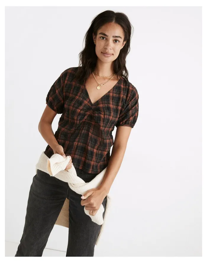 Women Gathered V Neck Top In Plaid Fuller Plaid Warm Umber Madewell Tops and Shirts