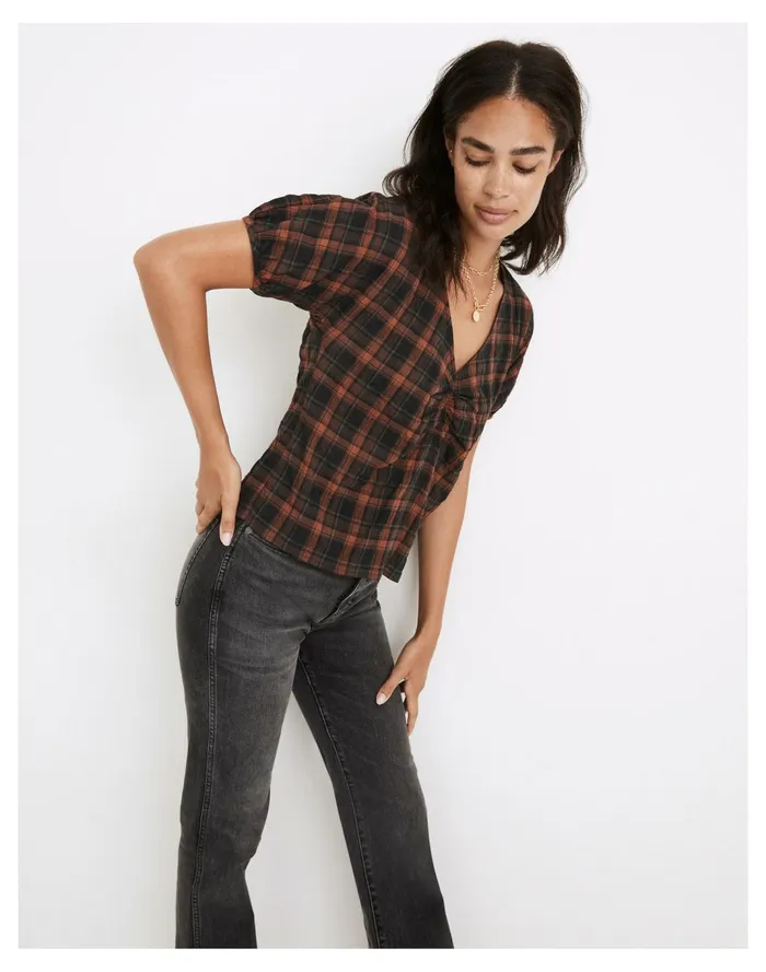 Women Gathered V Neck Top In Plaid Fuller Plaid Warm Umber Madewell Tops and Shirts Women Gathered V Neck Top In Plaid Fuller Plaid Warm Umber Madewell Tops and Shirts