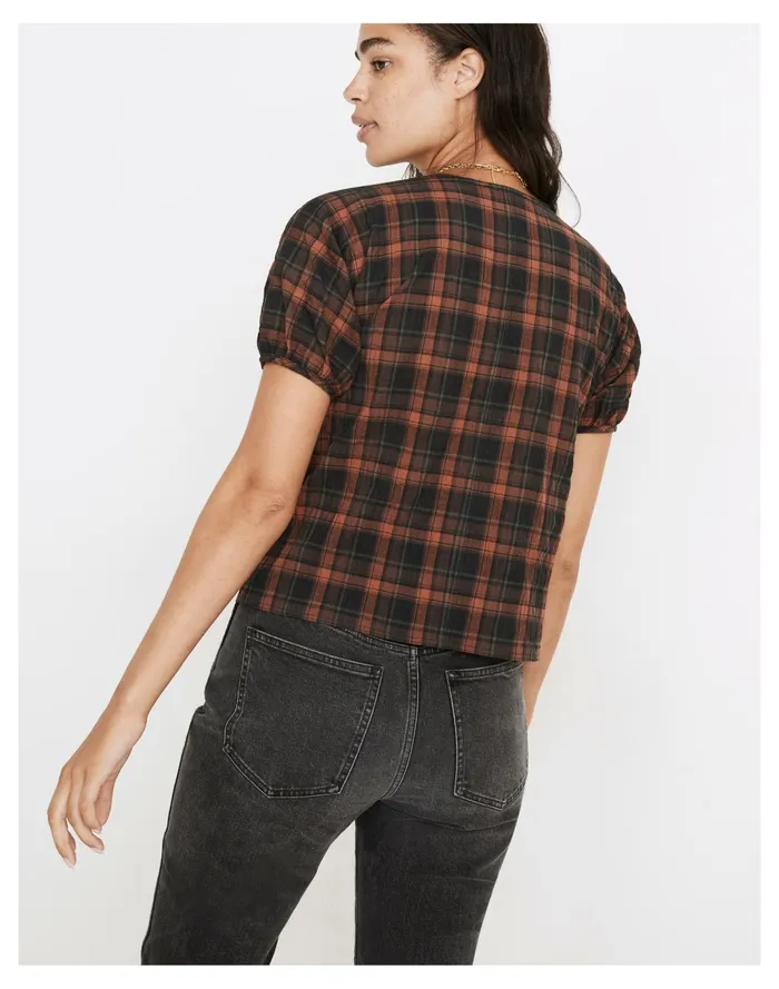 Women Gathered V Neck Top In Plaid Fuller Plaid Warm Umber Madewell Tops and Shirts Women Gathered V Neck Top In Plaid Fuller Plaid Warm Umber Madewell Tops and Shirts